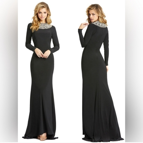Ieena for Mac Duggal‎ Embellished Neckline Jersey Gown Black/Silver Size 4